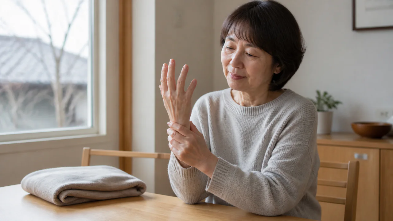 関節の状態を確認する日常イメージ 冷えを感じる日に手首の動かしやすさを確認するイメージ