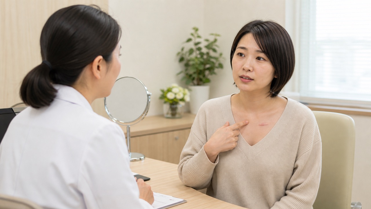 ケロイド・肥厚性瘢痕を皮膚科で相談する場面 胸元の盛り上がった傷跡について皮膚科医へ相談する成人女性