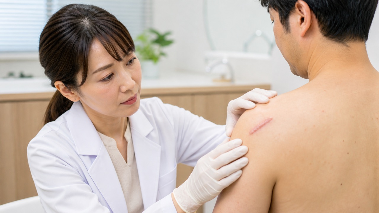 ケロイド・肥厚性瘢痕の皮膚科診察 皮膚科医が成人男性の肩の盛り上がった傷跡を視診と触診で確認する場面