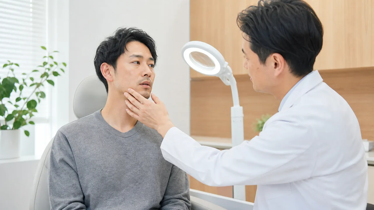 髭剃り後の顎まわりを皮膚科医が診察する様子