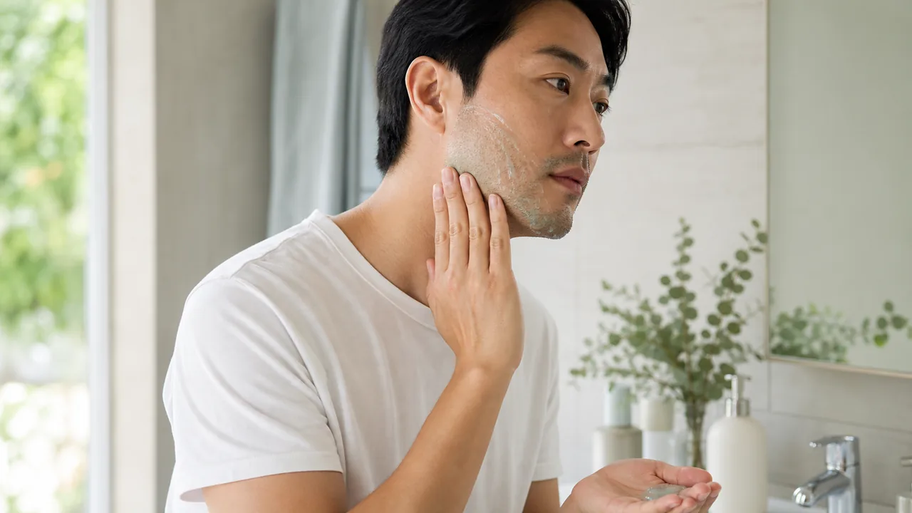 髭剃り前にシェービング剤をやさしく塗る男性