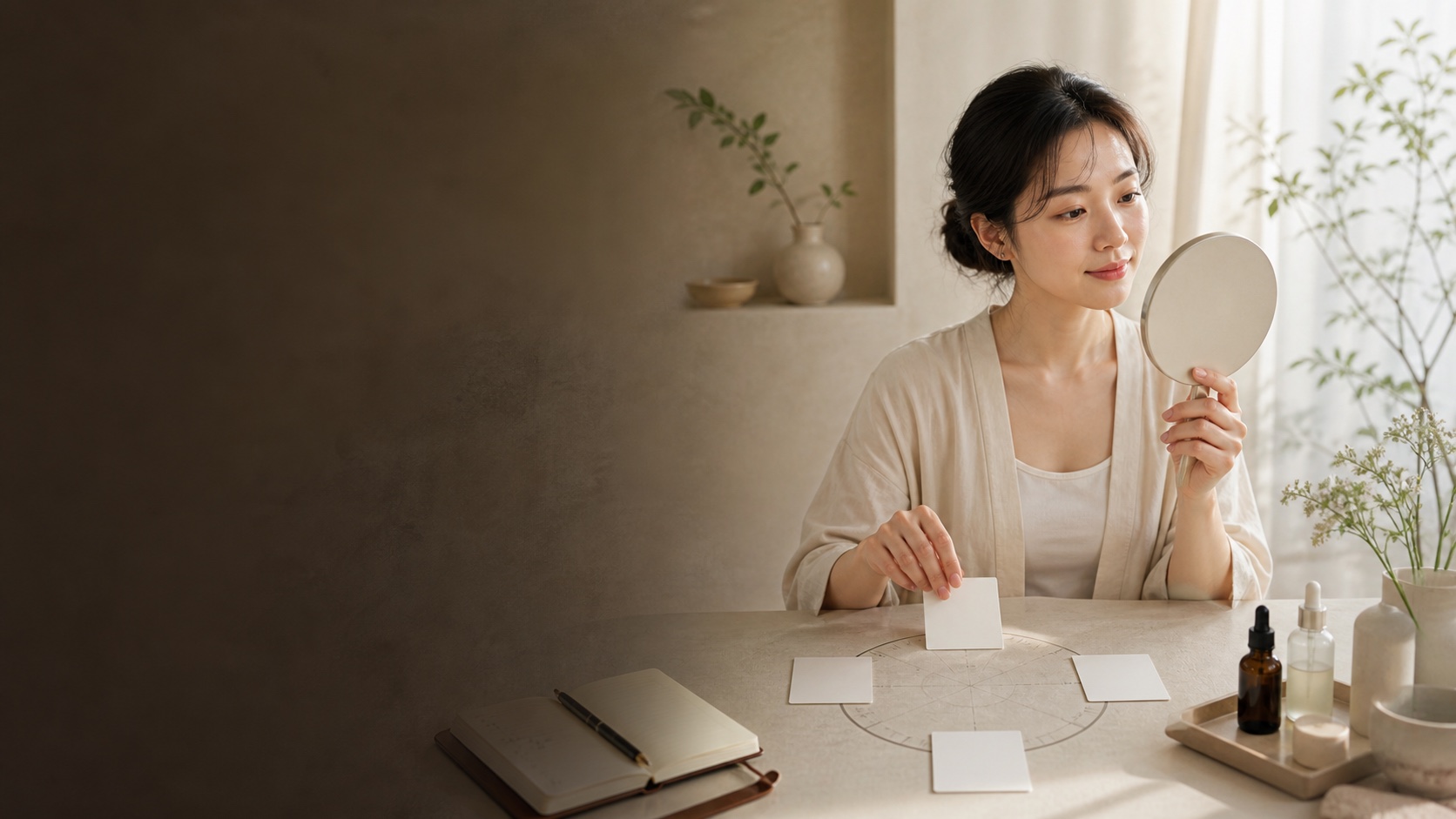 月経周期を示す4枚のカードと鏡を使って肌の変化を記録する成人女性の教育用イラスト