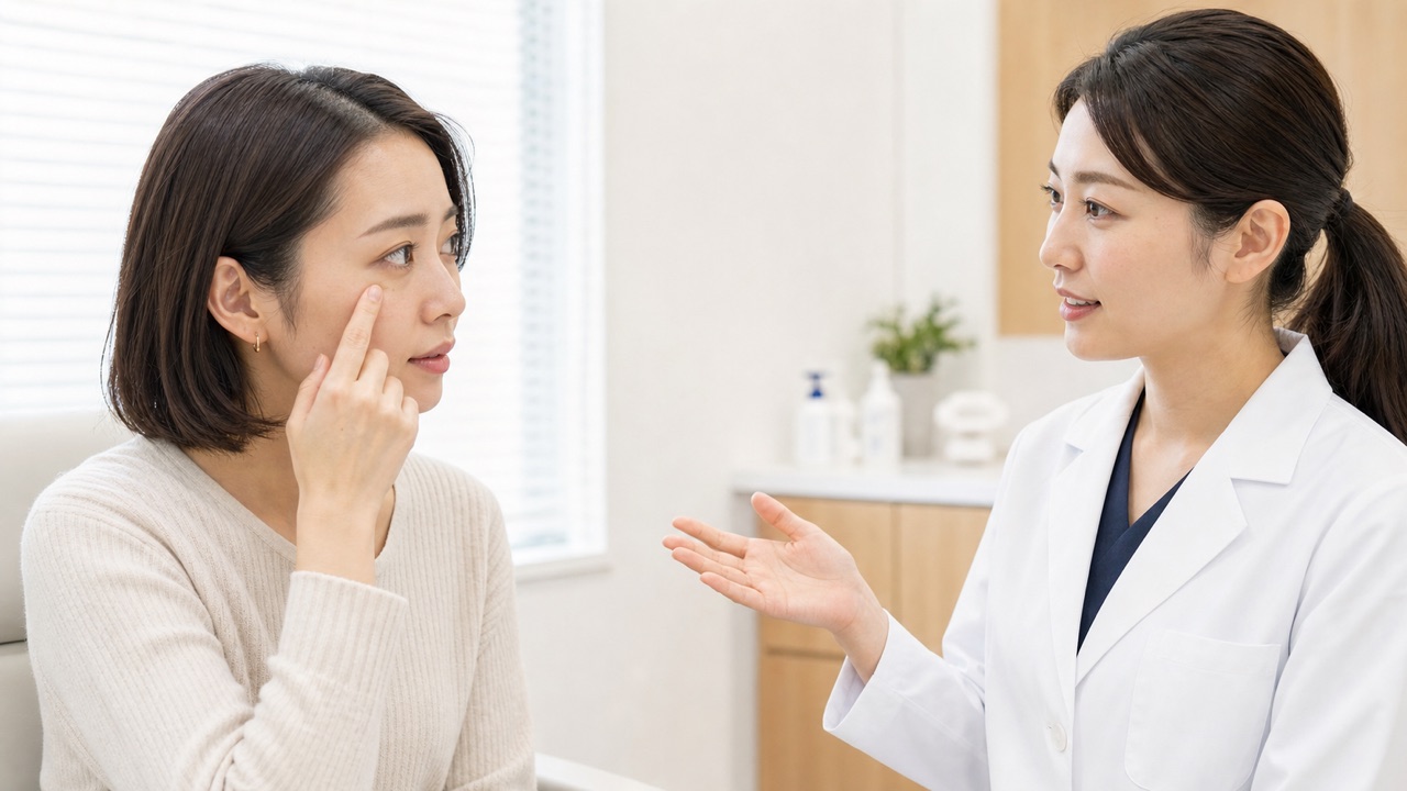 稗粒腫・汗管腫を相談する皮膚科診察 目の周りの小さなぶつぶつを皮膚科医へ相談する成人女性