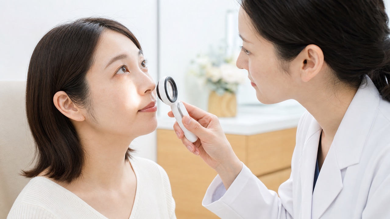 目元の稗粒腫・汗管腫を確認する皮膚科診察 皮膚科医が拡大鏡で成人女性の目の下の小丘疹を観察する診察場面