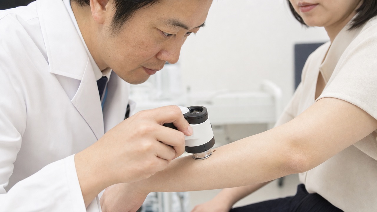 ダーモスコープで色素性病変を確認する医学教育用イメージ