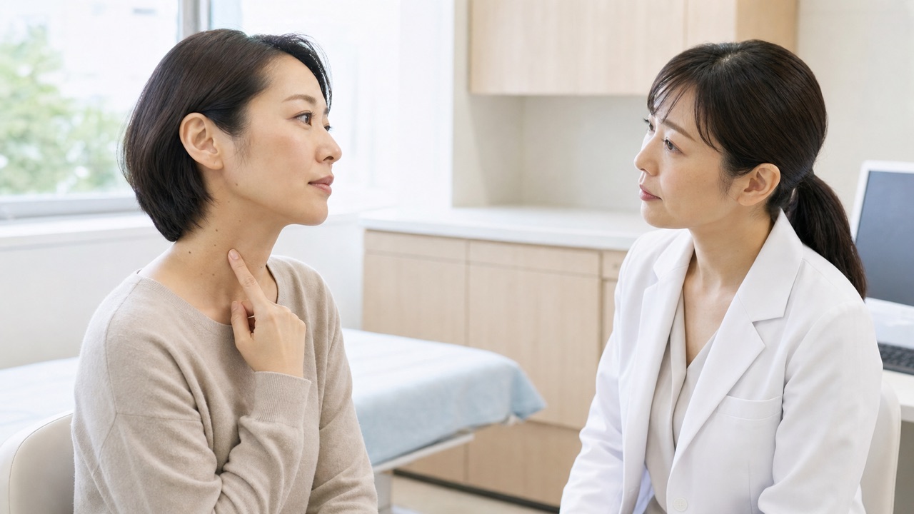 首のスキンタッグを相談する皮膚科診察 首の小さなできものを皮膚科医へ相談する成人女性