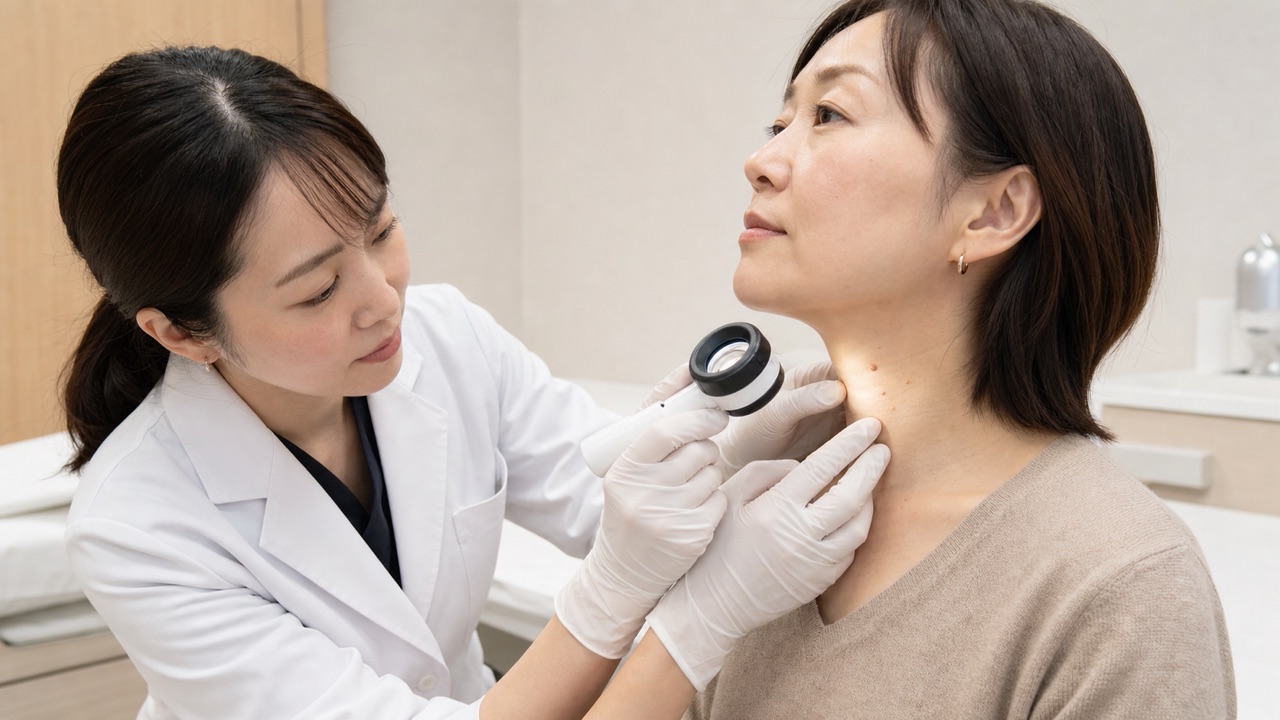 首のスキンタッグを確認する皮膚科診察 皮膚科医が拡大鏡で成人女性の首の小さなできものを観察する診察場面