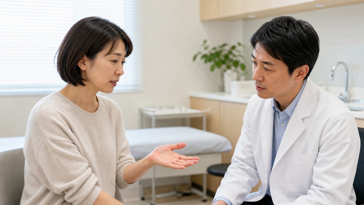 掌蹠膿疱症の症状を皮膚科で相談する場面 掌蹠膿疱症の手のひらの症状を皮膚科医へ相談する成人女性