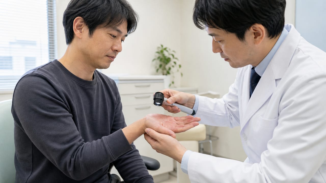 掌蹠膿疱症の皮膚所見を確認する診察 皮膚科医が成人患者の手のひらの膿疱と鱗屑を診察する場面