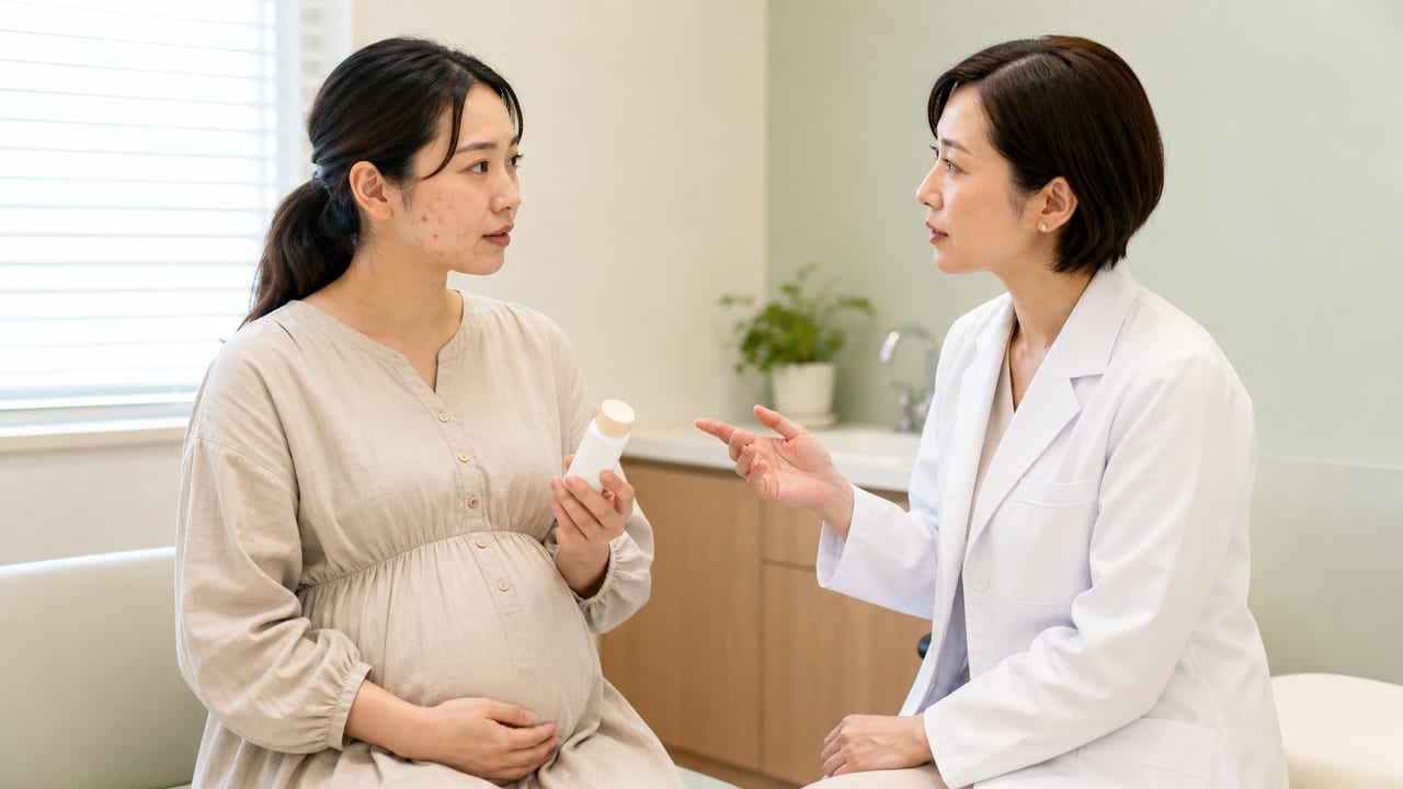 妊娠中のニキビとスキンケアについて皮膚科医へ相談する女性