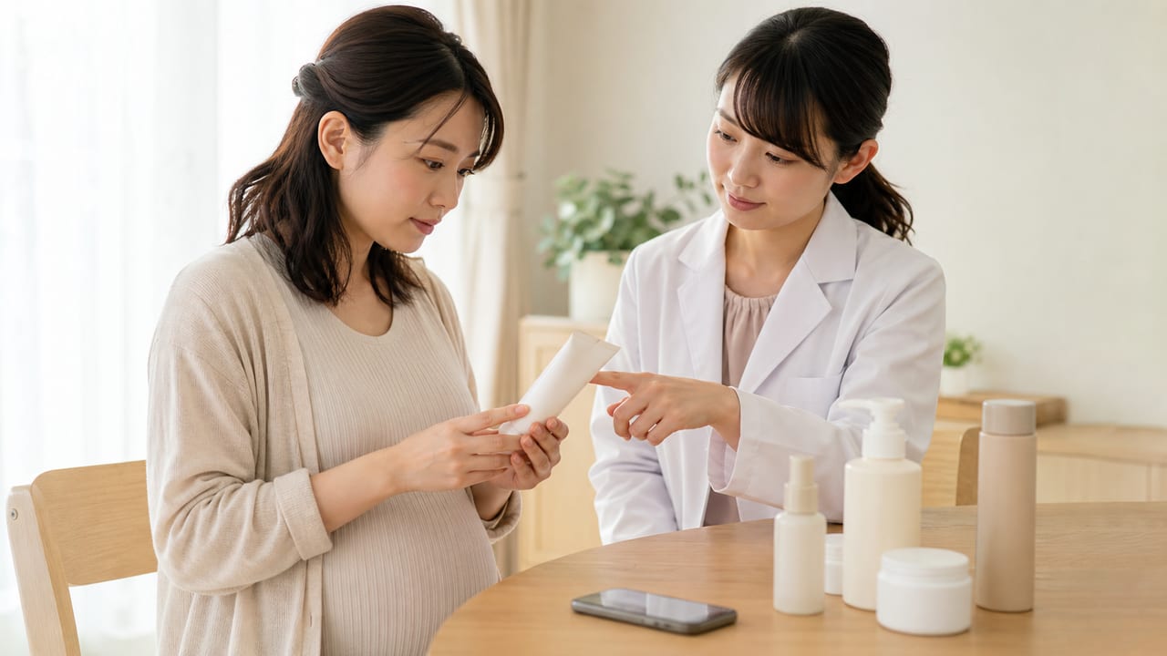 妊娠中にスキンケア製品の成分表示を確認する女性
