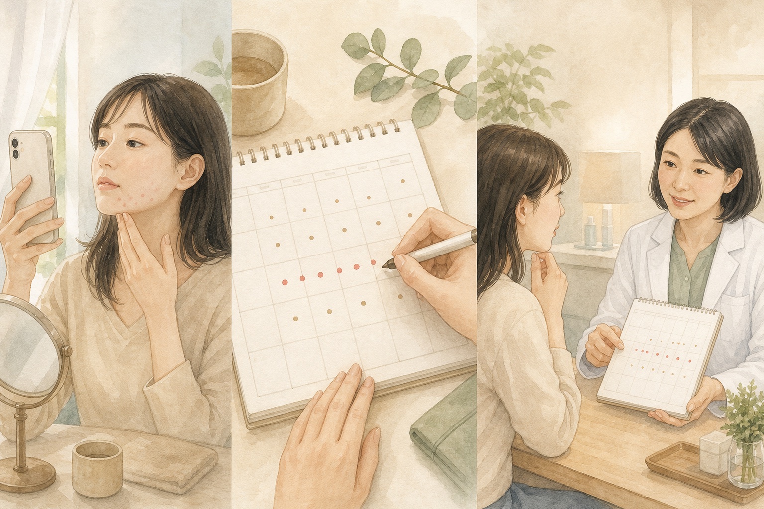 同じ条件で肌を撮影し月経周期を記録して皮膚科医へ相談する教育用イラスト