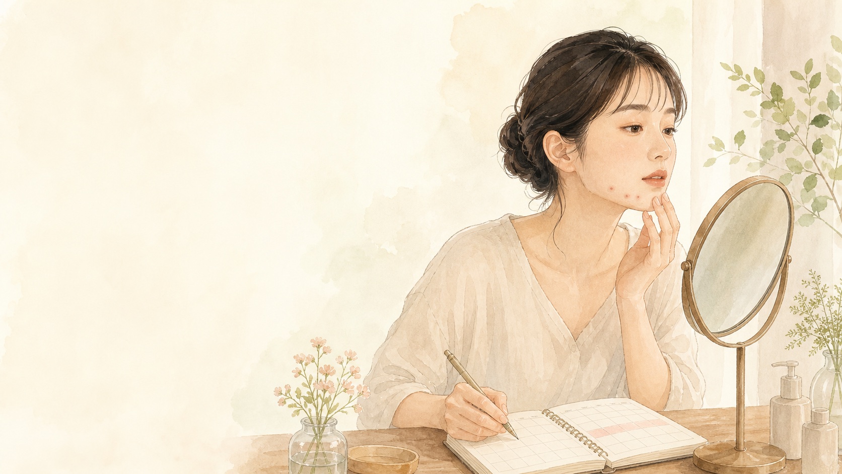 生理前の顎ニキビを鏡で確認し月経周期を記録する成人女性の教育用イラスト