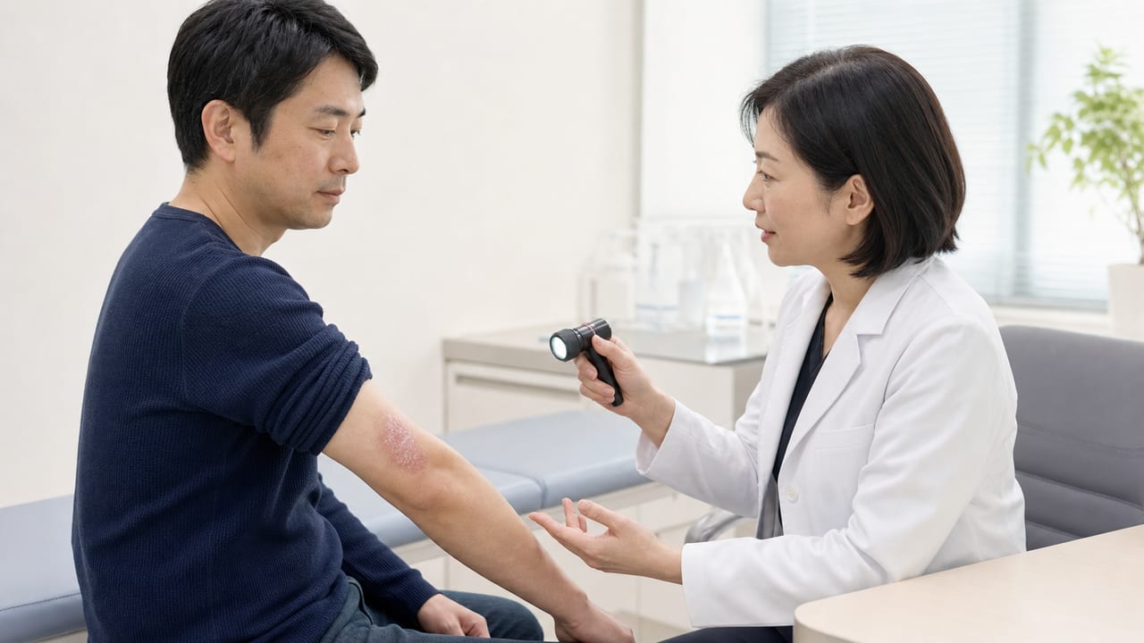 乾癬の皮疹と治療方針を確認する皮膚科診察 皮膚科医が成人男性の肘の乾癬らしい皮疹を診察する場面