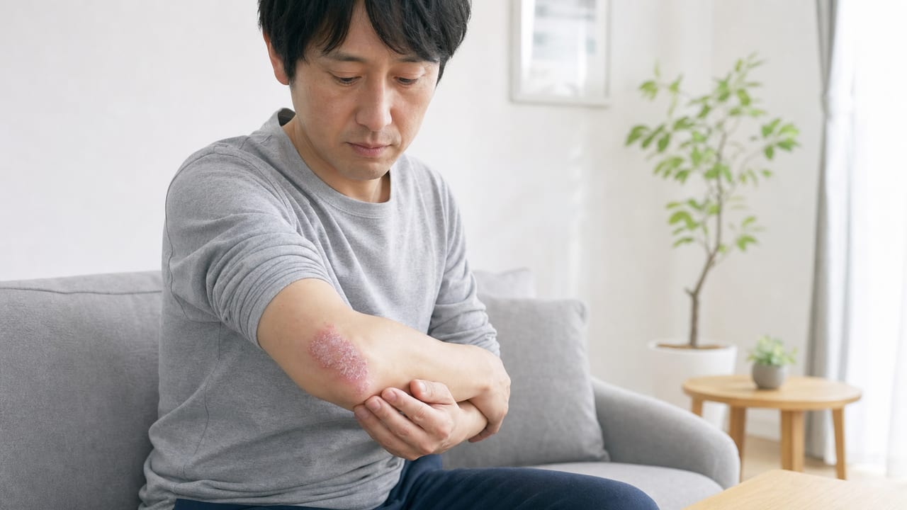 肘の乾癬らしい皮疹に気づいた成人男性 肘の乾癬らしい赤い鱗屑性皮疹を確認する成人男性