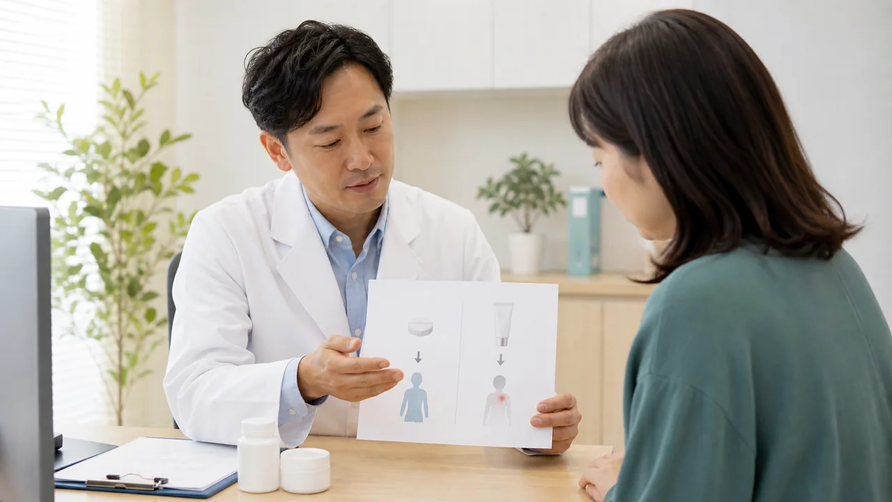 医師がレスタミンの錠剤とクリームの違いを説明するイメージ