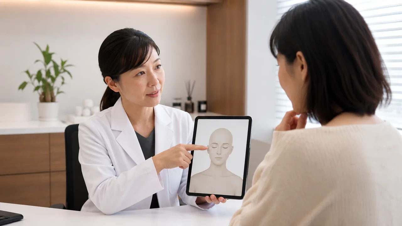顔と眼周囲への外用薬使用を確認する診察イメージ 皮膚科医が顔や眼の周囲へ外用薬を使う際の注意点を説明するイメージ