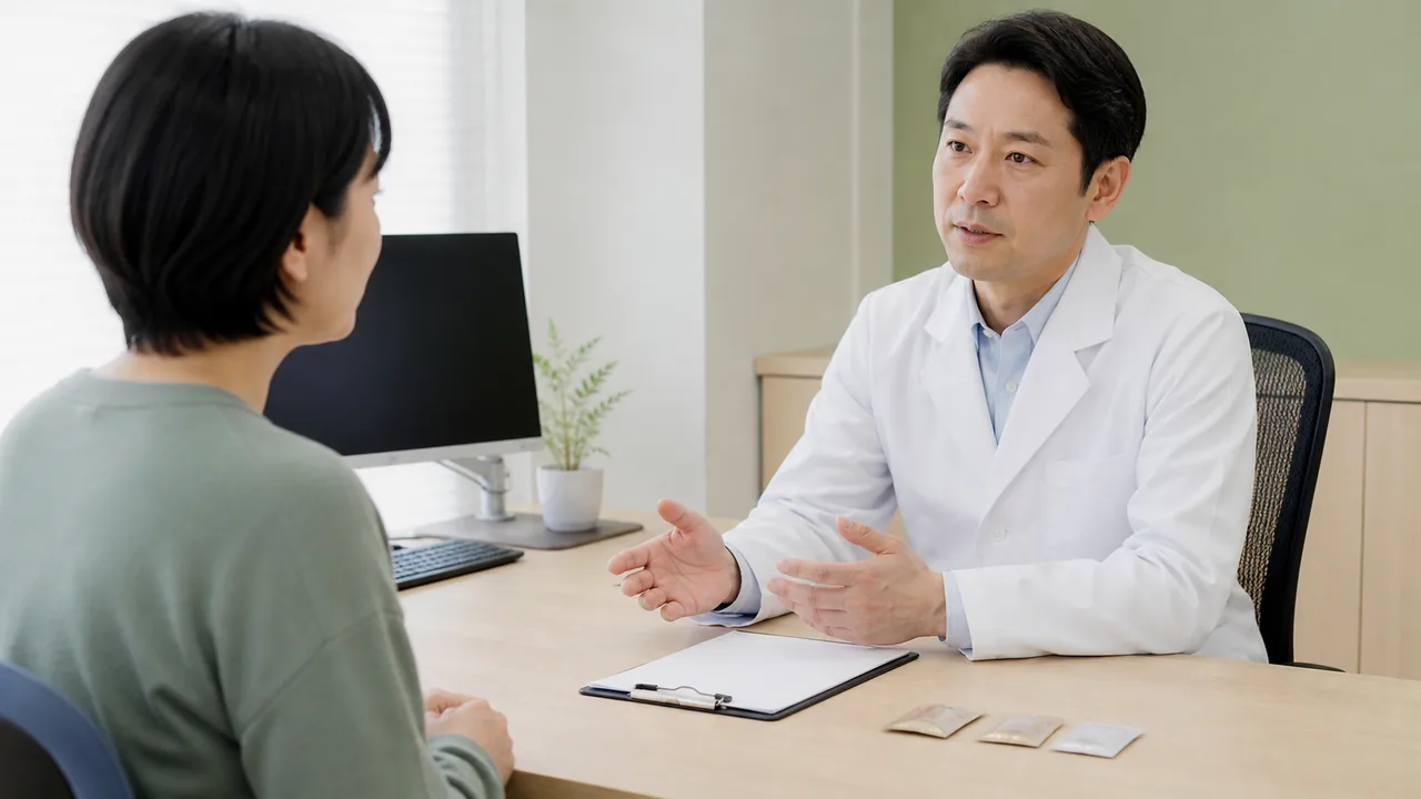 服用中の体調変化の相談 服用中の体調変化について医師へ相談している様子