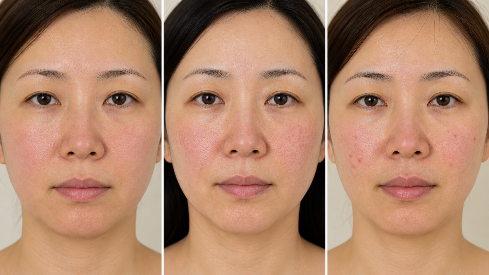 びまん性の赤み、細い血管が見える赤み、赤いぶつぶつを伴う赤みを並べた医学教育用イメージ