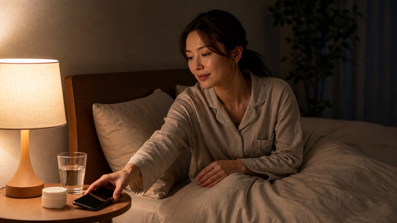 ニキビ治療を支える睡眠習慣 就寝前にスマートフォンを置き睡眠環境を整える成人女性