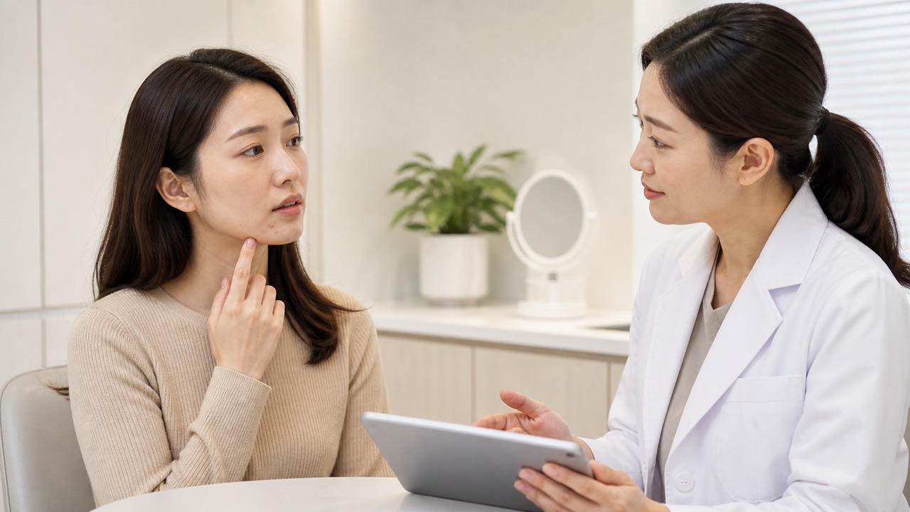 睡眠不足とニキビを皮膚科で相談する場面 睡眠不足と顎ニキビについて皮膚科医へ相談する成人女性