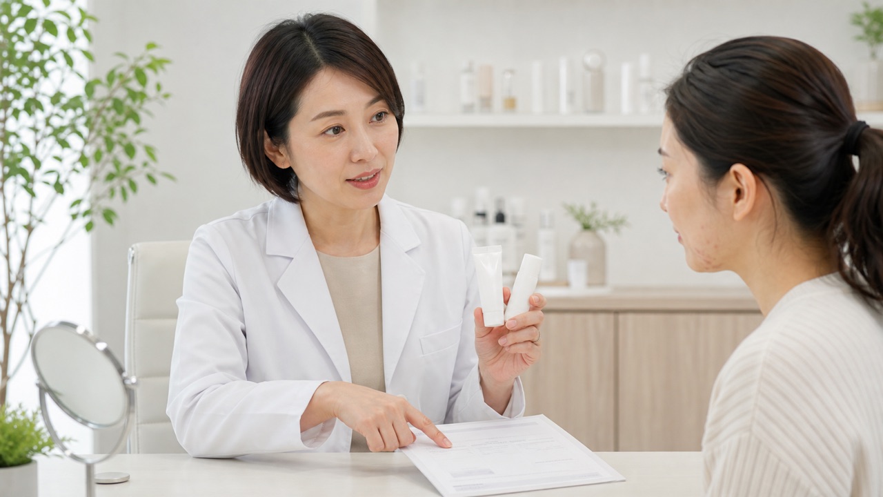 睡眠不足に伴うニキビの標準治療相談 ニキビの外用治療と塗り方を説明する皮膚科診察