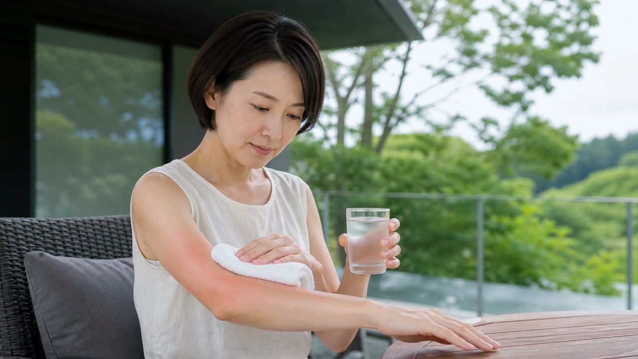 日陰で軽度の日焼けによる腕の赤みを清潔な濡れタオルで冷やし水分補給する成人女性