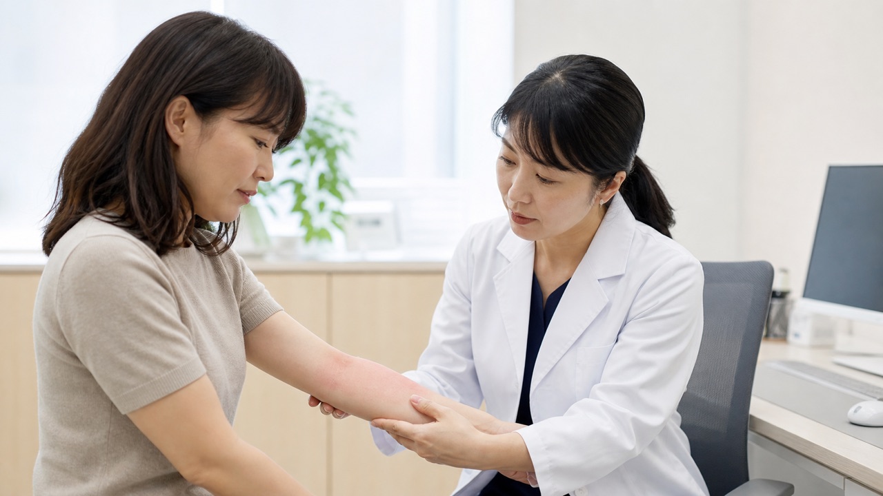 皮膚科医が成人女性の日焼けで赤みのある前腕を視診する診察場面