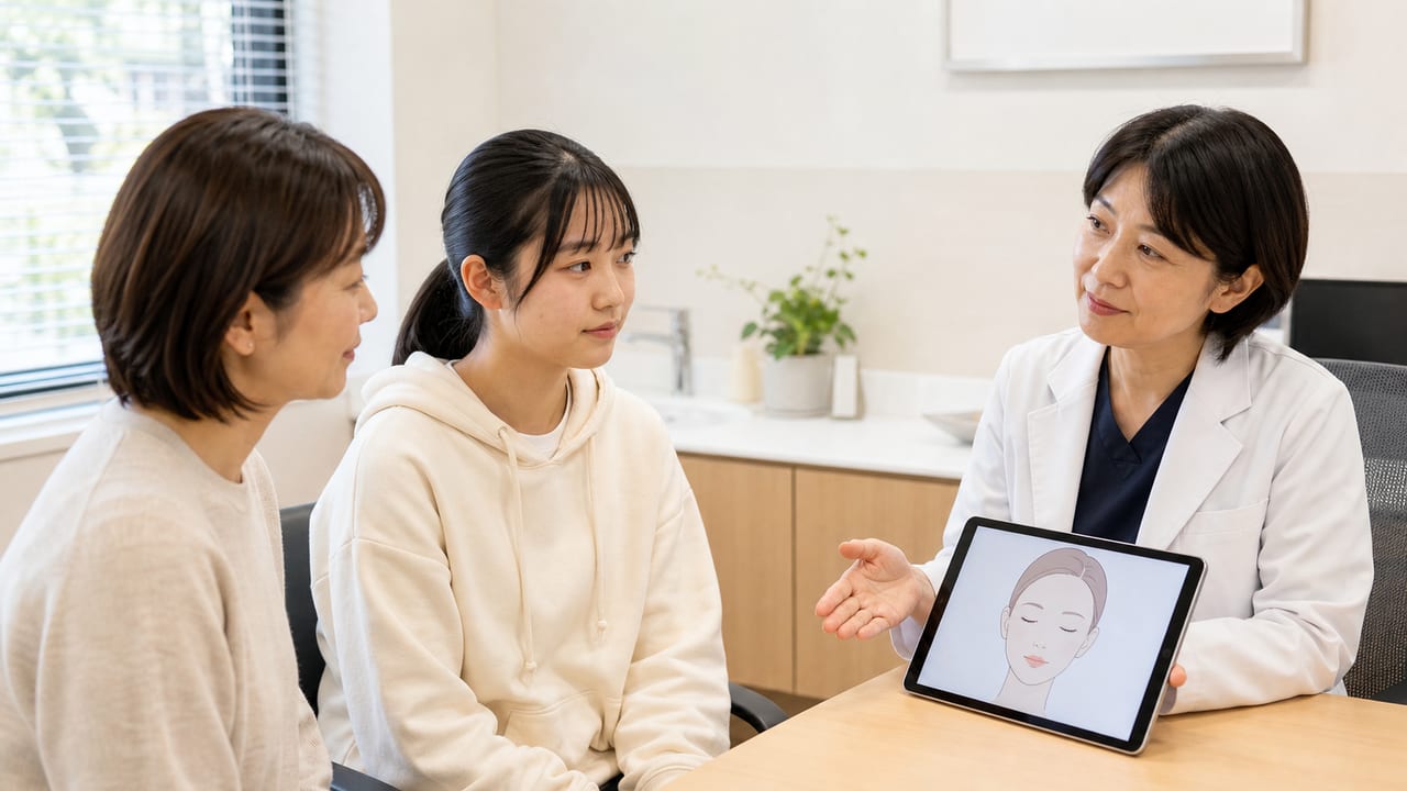 10代のニキビについて保護者と皮膚科医へ相談する高校生