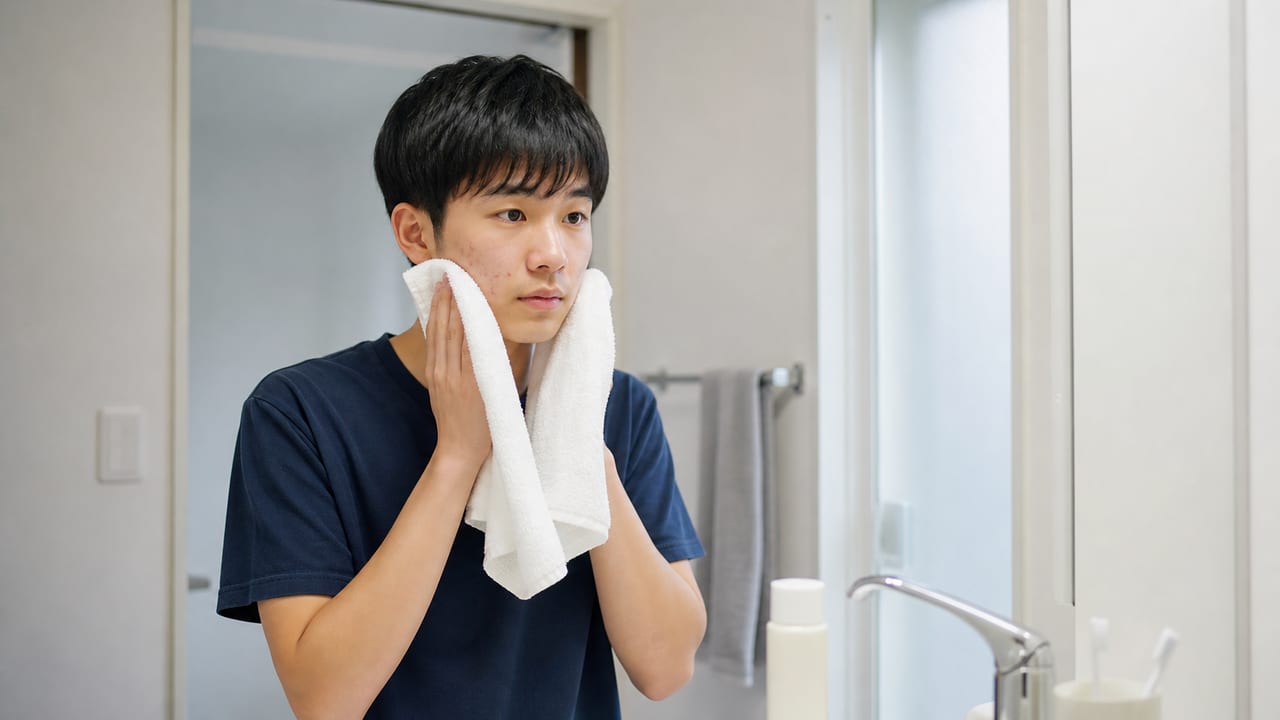 洗顔後に清潔なタオルで顔をやさしく押さえる高校生