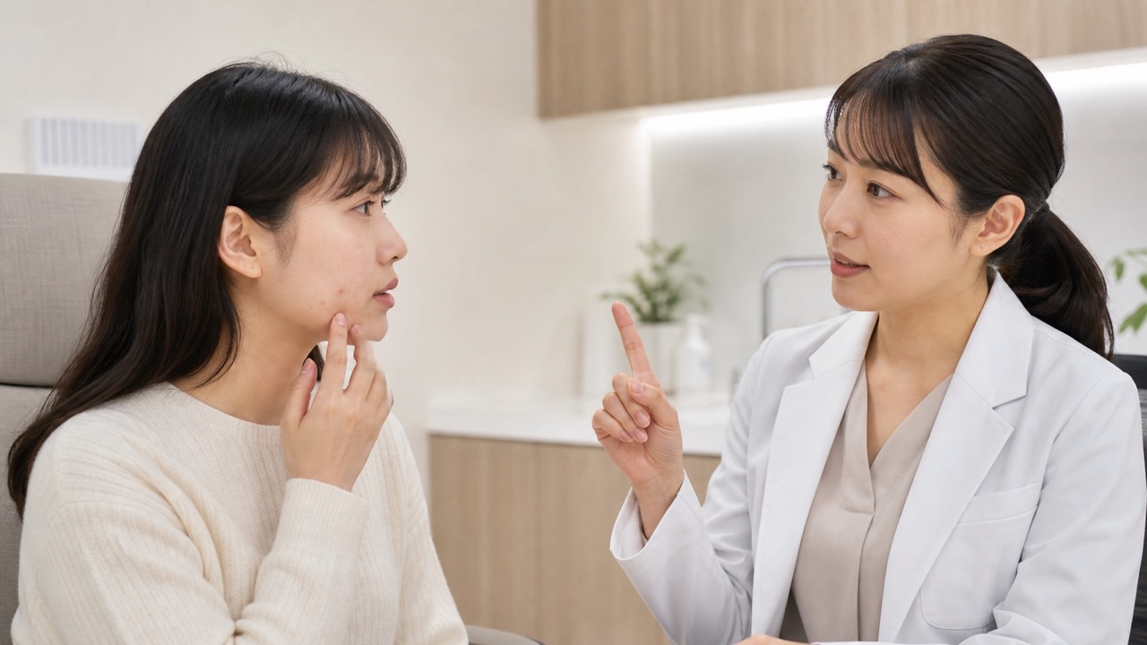 顎ニキビを触らない方法について女性皮膚科医へ相談する患者