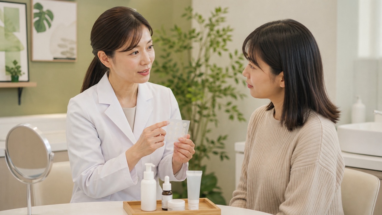 ニキビを触らないための保護材について皮膚科医から説明を受ける患者