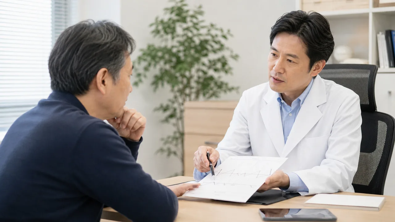 こむら返りの経過と服用状況を医師と確認するイメージ