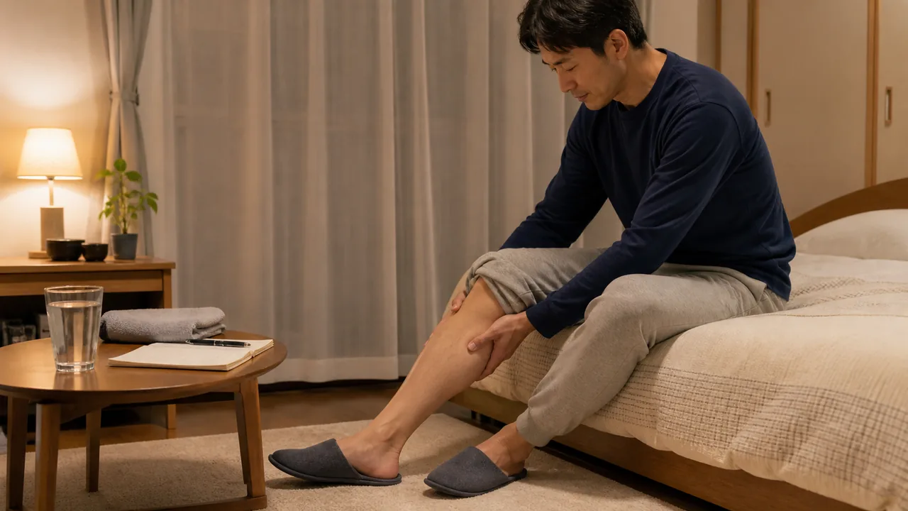 夜間のこむら返りに備えて症状を記録し脚を整えるイメージ