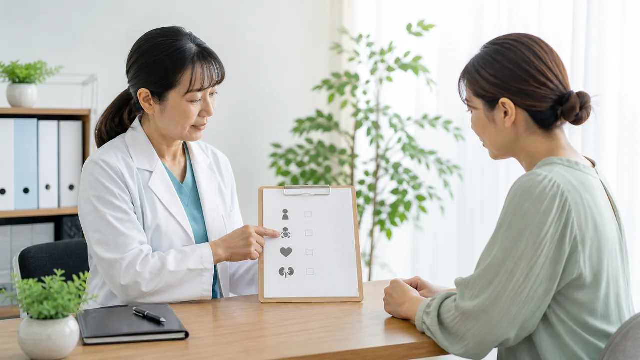 妊娠授乳や心臓腎臓の状態を医師と確認するイメージ