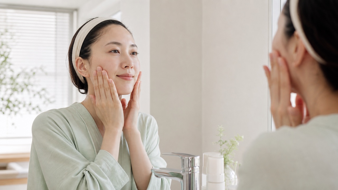 白ニキビを刺激しないよう肌へやさしく触れる成人女性のイメージ