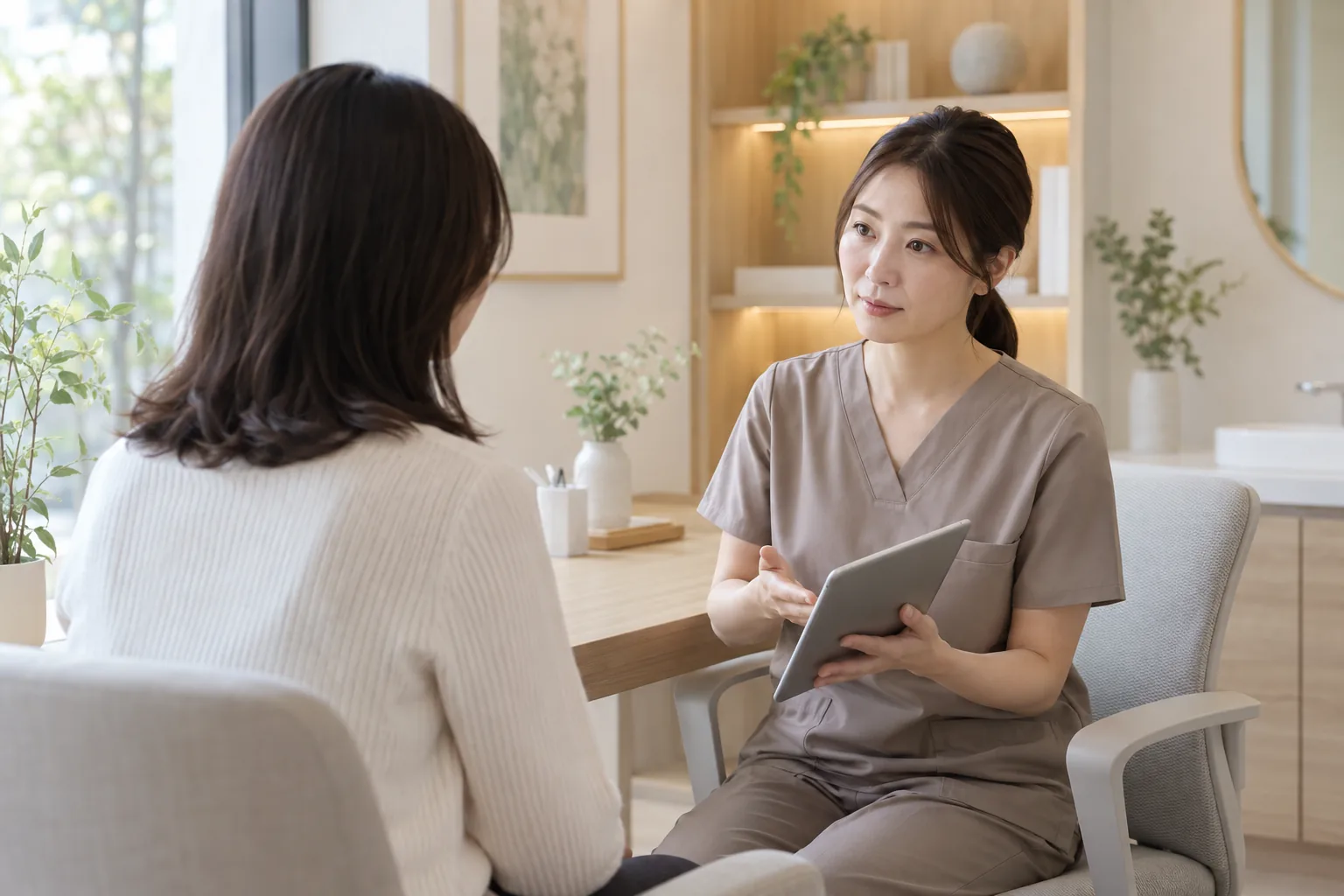 スタッフが患者の話を丁寧に聞く様子を表現した接遇イメージ