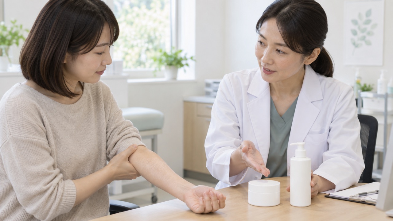 乾燥肌と外用保湿剤の相談イメージ 乾燥した腕を見せながら外用保湿剤の選び方を皮膚科医へ相談するイメージ