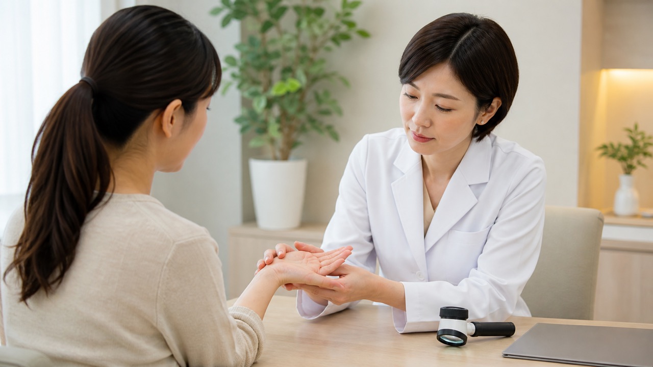 手の水疱や皮むけを皮膚科で確認する診察イメージ
