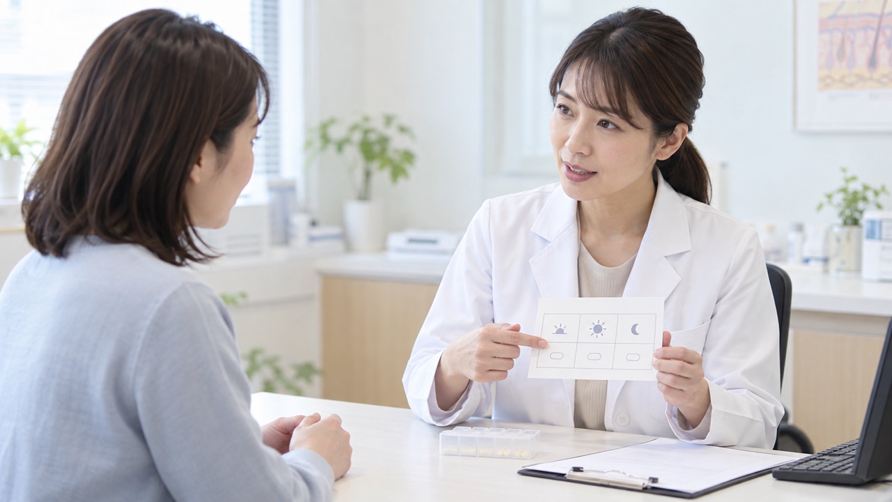 FAD製剤と服薬情報の相談イメージ 過去に処方された薬の成分と現在の取り扱いを皮膚科医へ相談するイメージ