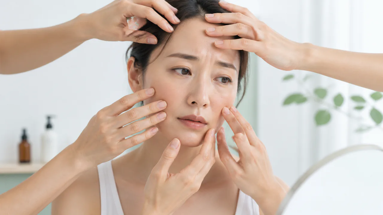 30代女性の顔を覆う悩みの手、肌トラブルの複合的な原因を象徴