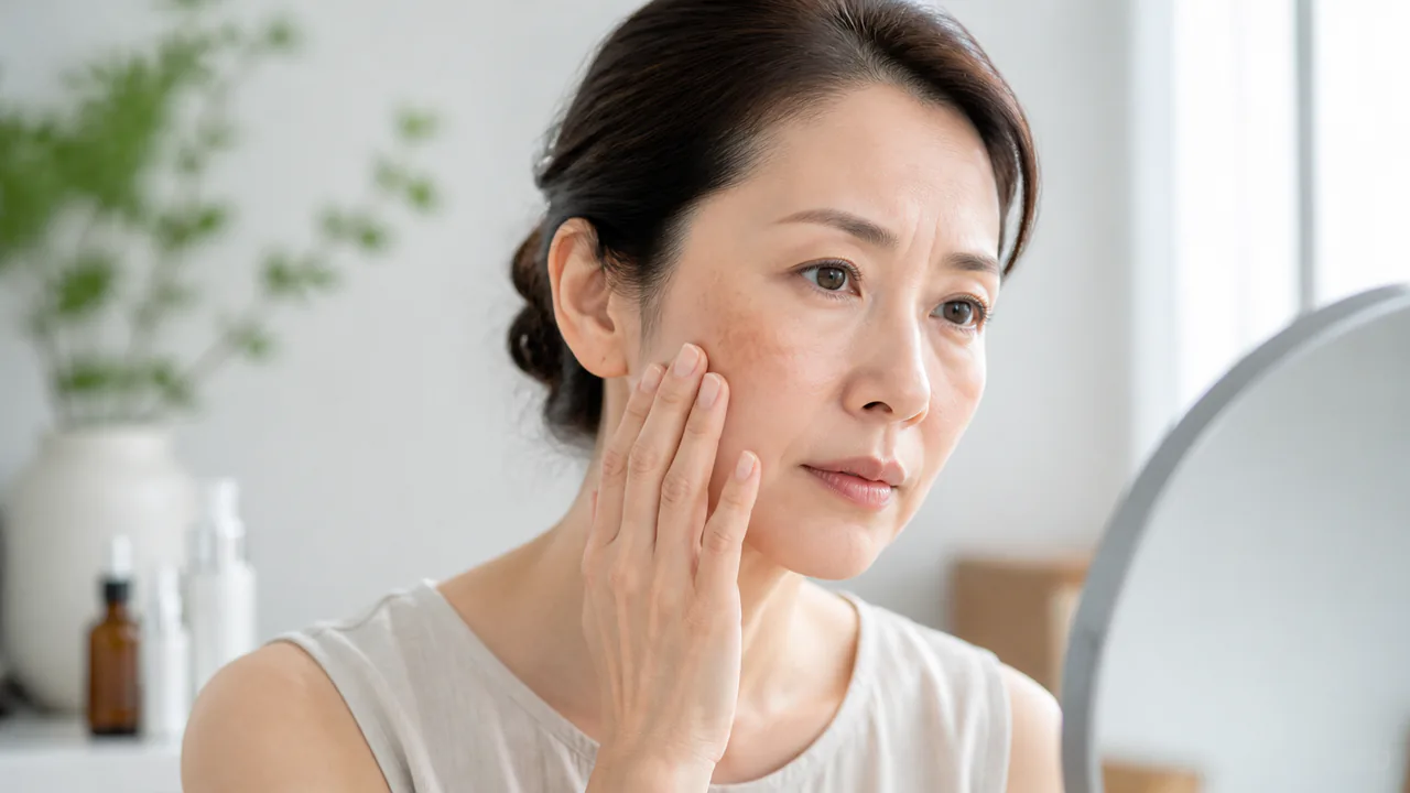 40代女性の肌に見られるシミ、しわ、たるみなど複合的な肌悩みの状態