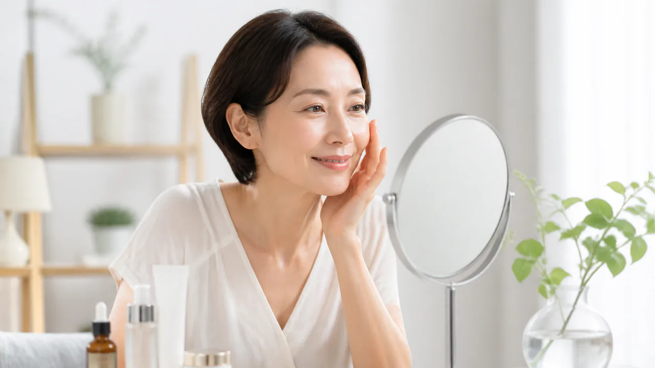 エイジングケアを継続し、健康的で美しい肌を保つ女性の笑顔