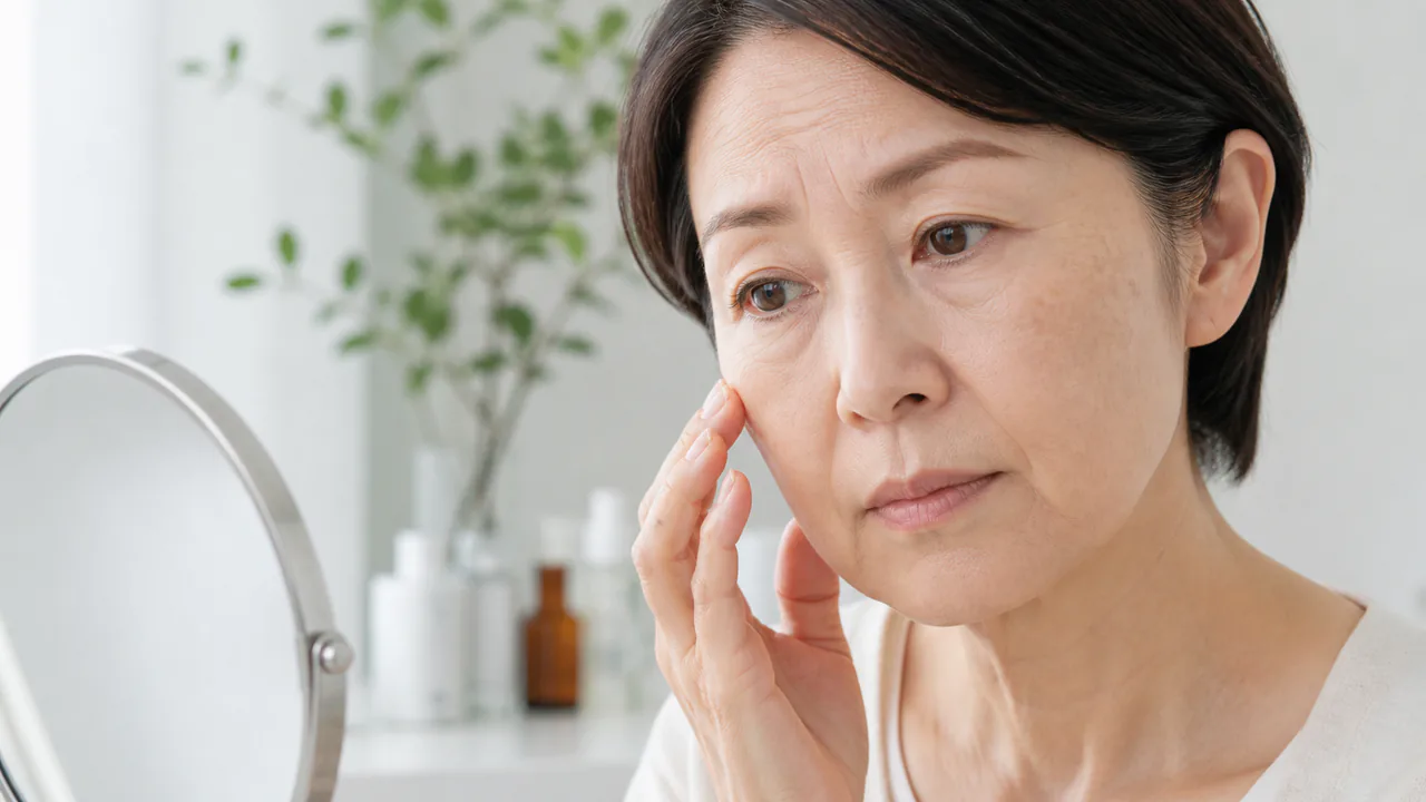 50代女性の肌に見られるシミ、しわ、たるみなど複数の肌トラブル