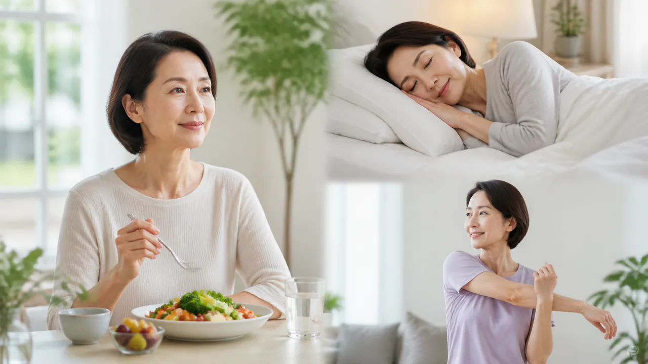 バランスの取れた食事、十分な睡眠、適度な運動をする50代女性