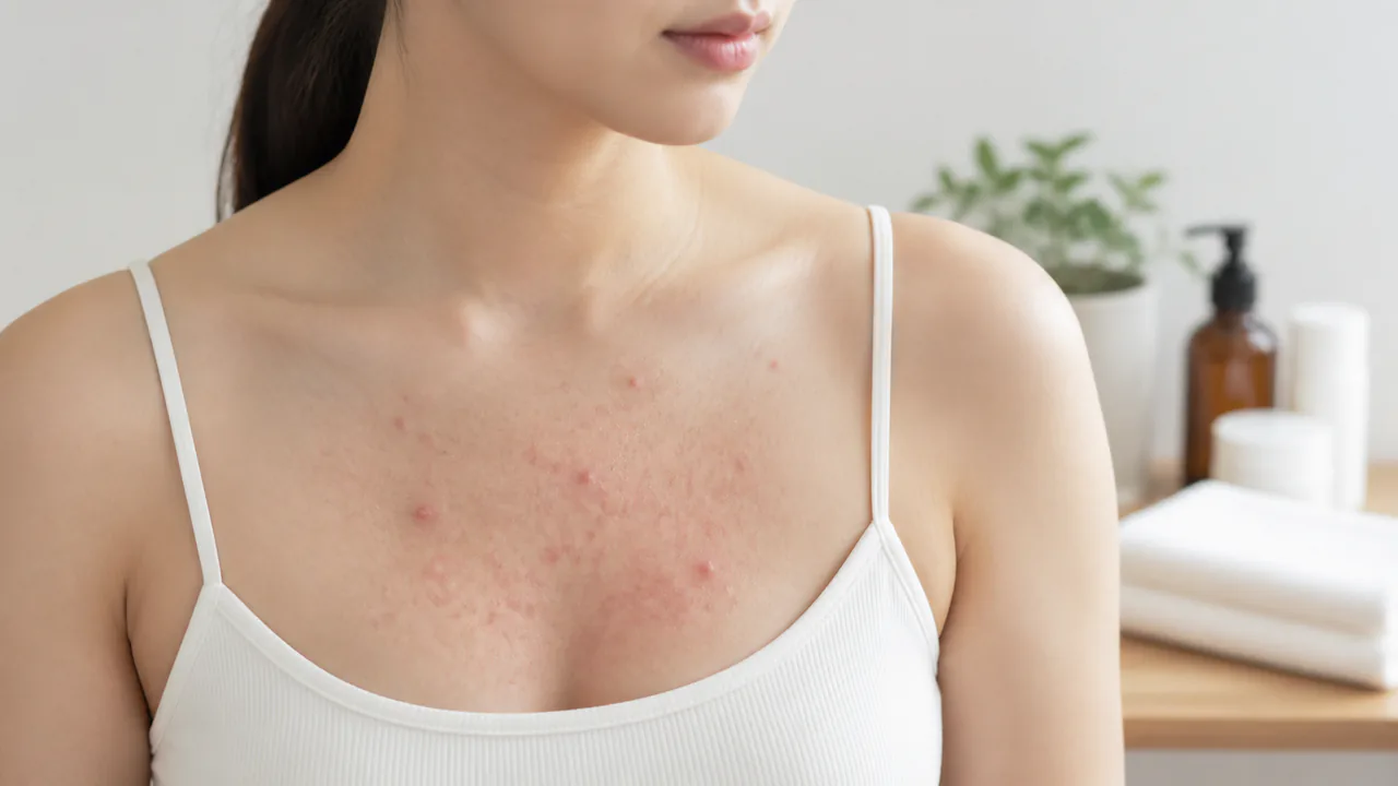 胸元の中央部分に広がる赤く炎症を起こしたニキビと肌のざらつき
