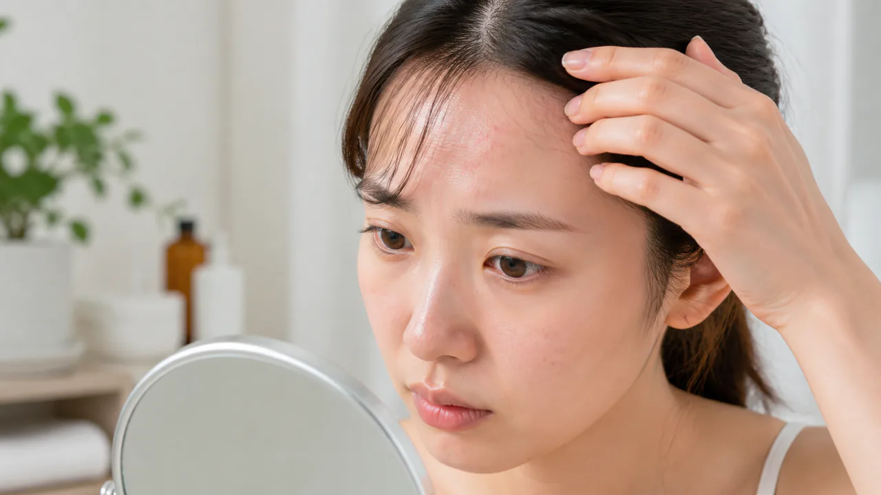 前髪が触れるおでこに発生した赤みを帯びたニキビと皮脂による肌荒れ