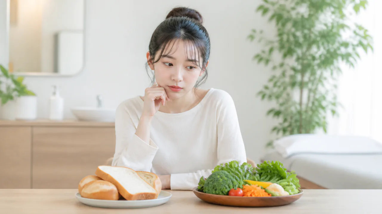 ニキビと食事の関係を考える女性がパンや野菜を見つめる様子