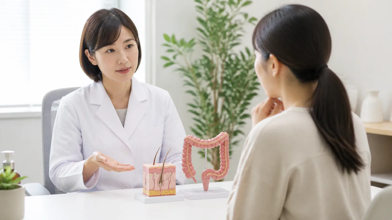 皮膚科医が肌トラブルや腸の不調について患者と相談する様子