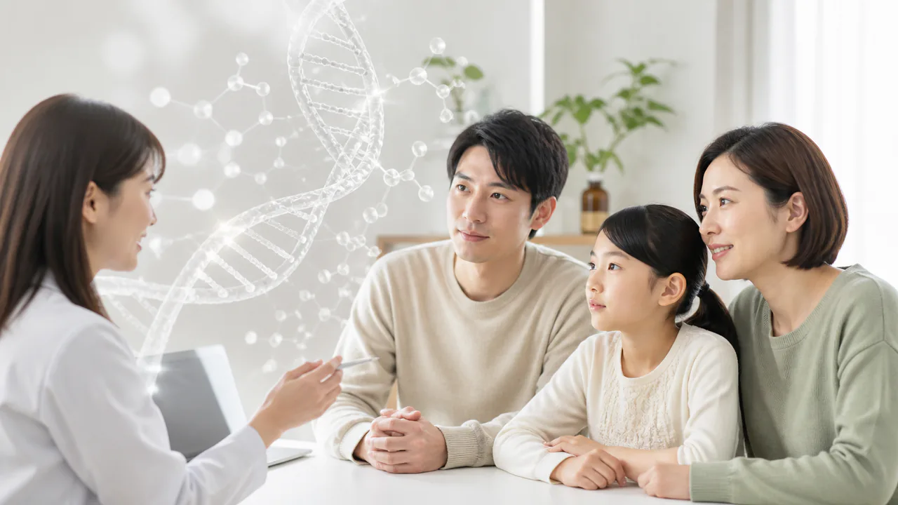 ニキビの発生に影響する遺伝的要因と家族歴の関連性を示す分子構造